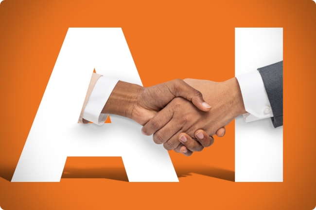 Two hands emerging from letters "A" and "I" to come into a handshake. Both hands belong to males and are wearing suits. 