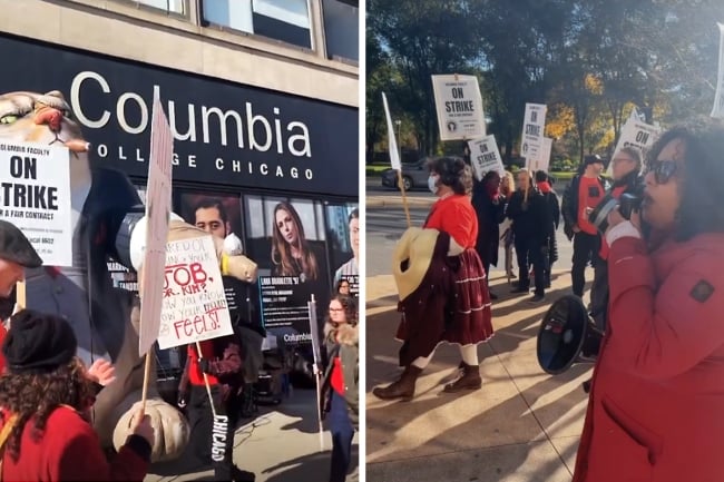 Side-by-side photographs of people, a few wearing red, marching and holding up signs saying, among other things, "On Strike."