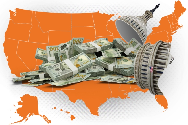 A map of the U.S. with money pouring out of the U.S. Capitol dome 