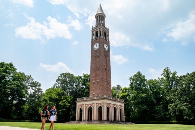 A photograph of the Bell Tower on the University of North Carolina at Chapel Hill's campus. 