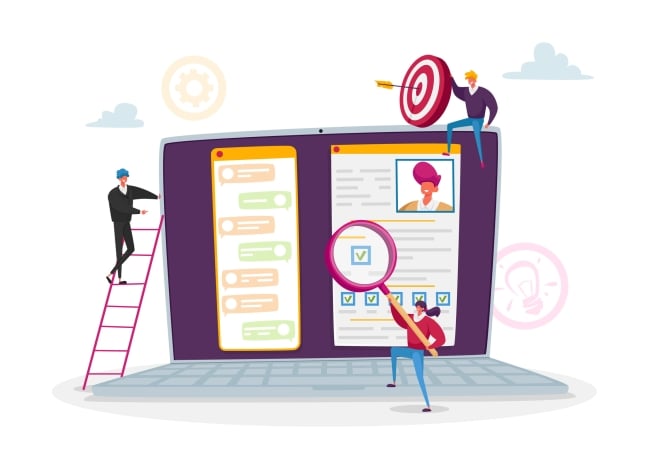 A giant computer screen with a person climbing a ladder leaning against the computer, another with a magnifying glass and a third holding a target on top of the laptop.