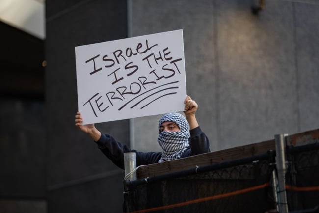 A pro-Palestinian activist participating in a Hunter College protest holds up a sign that reads "Israel is the terrorist."
