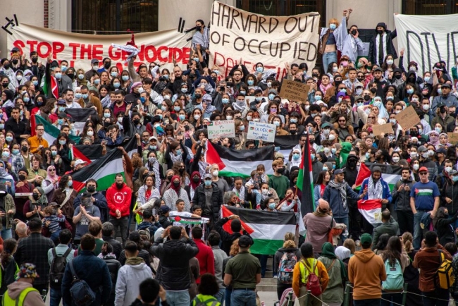 An overhead view of a densely attended pro-Palestinian rally on Harvard's campus: Palestinian flags are visible, as are signs, including one that reads "Stop the Genocide."