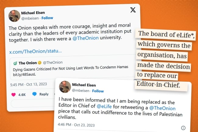 A photo illustration of Michael Eisen's posts on X, including the one he says got him fired, and another from him announcing his own ouster. A snippet from the journal's statement saying he's being replaced is also included.