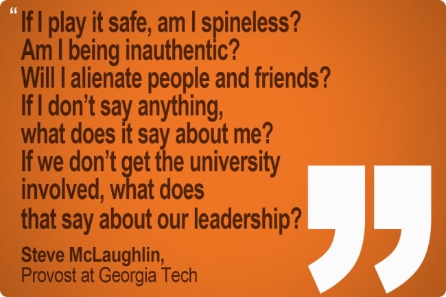 Photo illustration of a quote from a university leader 