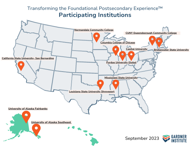 Map of the United States showing locations of 11 college participating in the first cohort of the Gardner Institute's Transforming the Foundational Postsecondary Experience program.