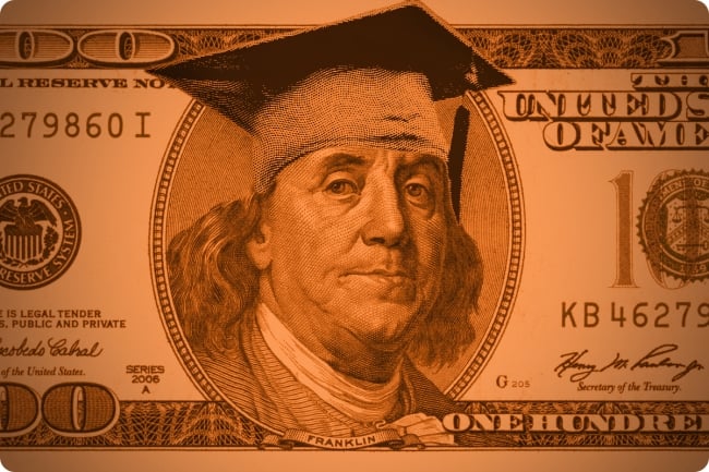 Picture of $100 bill, but Benjamin Franklin is wearing a graduation cap
