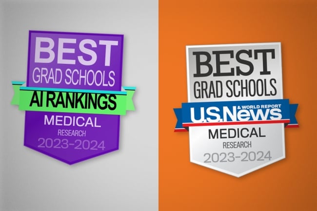 Traditional logo for U.S. News's medical school rankings is positioned next to a similar-looking logo that says "AI Rankings"