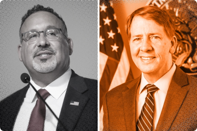 Headshots of Miguel Cardona, a middle-aged Hispanic man with dark hair and glasses, and Richard Cordray, a lighter-skinned man with neatly combed hair wearing a suit and tie