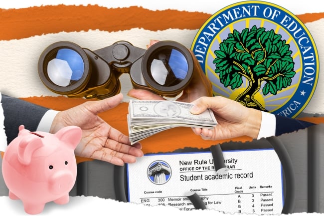 An illustration showing binoculars, the Education Department's logo, money, a piggybank and a freed transcript.
