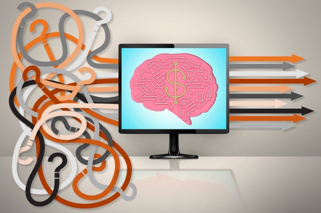 A tangle of lines goes through a computer screen with a brain and dollar sign on the monitor, coming out of the monitor in all straight lines.