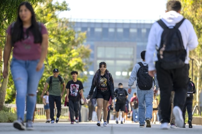 Students walk down the sidewalk on a tree-lined college campus