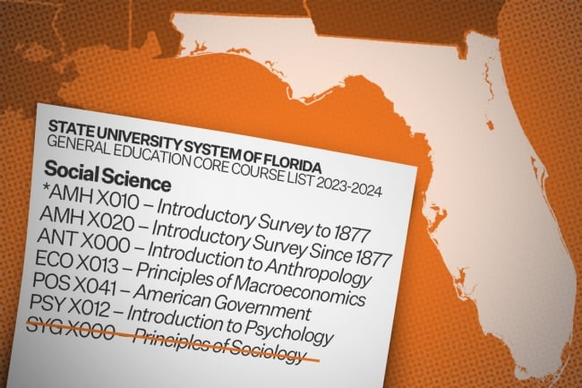 A graphic featuring the state of Florida and a list of "social science" general education courses, with Principles of Sociology crossed off.