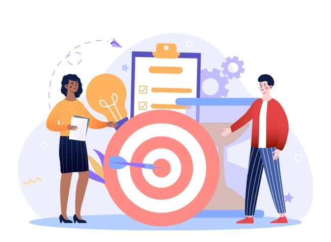 Two people stand before a target with an arrow in the bull's-eye; one is holding paper and a light bulb while the other has gears next to his head