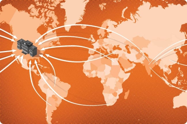 An orange map of the world with arrows from countries to a campus building in the U.S.