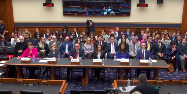 Six witnesses and a full audience sit at a House Judiciary Committee hearing.