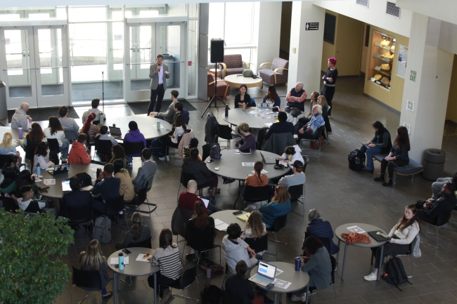 An aerial shot of an internal event at Beloit College introducing the launch of the School of Business, Economics and Entrepreneurships and the School of Health Sciences