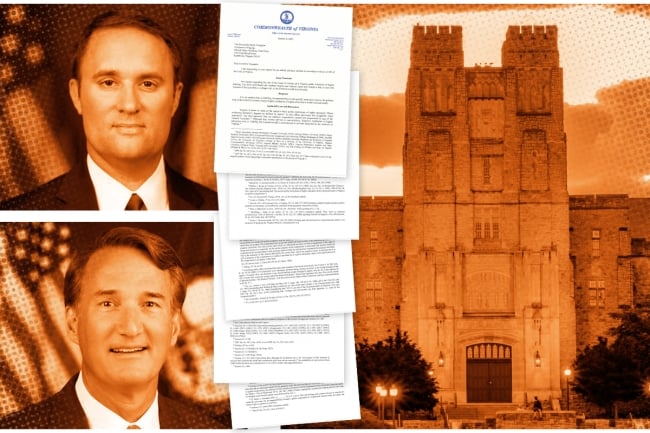 Headshots of Virginia attorney general Miyares and Governor Glenn Youngkin, documents from a recent opinion letter and a building at Virginia Tech