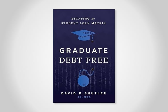 A blue book cover with the words "Graduate Debt Free" in white lettering