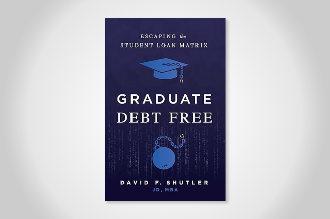 A blue book cover with the words "Graduate Debt Free" in white lettering