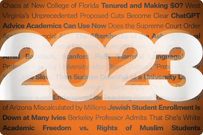 Image of the number 2023 and top headlines from Inside Higher Ed