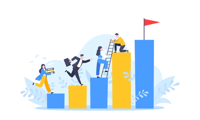 Four people on a series of tall steps. The top step has a red flag. On the next step down, a man holds a ladder for a woman to climb up to his step. On the next step down, a man runs ahead with a brief case. On the final step down, a woman holding books runs forward as well.