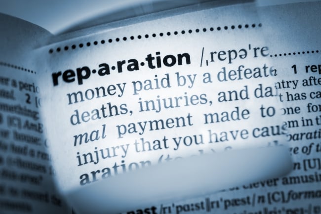 A dictionary entry for the word "reparation," as refracted through a magnifying glass.