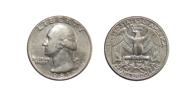 Two sides of a U.S. quarter, lying flat against a white background.