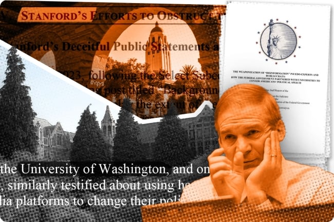 A photo illustration including a photograph of Jim Jordan, the U.S. House Judiciary Committee chairman, the front page of a recent interim staff report from his committee and partial quotes from the report.  