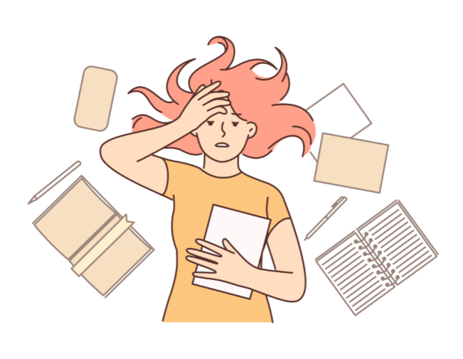 A drawing of an obviously stressed-out and overwhelmed female college student lying down, one hand on her head, and surrounded by notebooks and books.