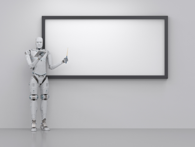 A cyborg standing by a blank whiteboard as if at the front of a classroom.