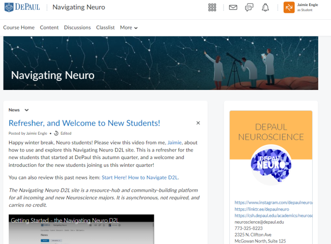 A screenshot of the Navigating Neuro webpage by DePaul University neuroscience staff