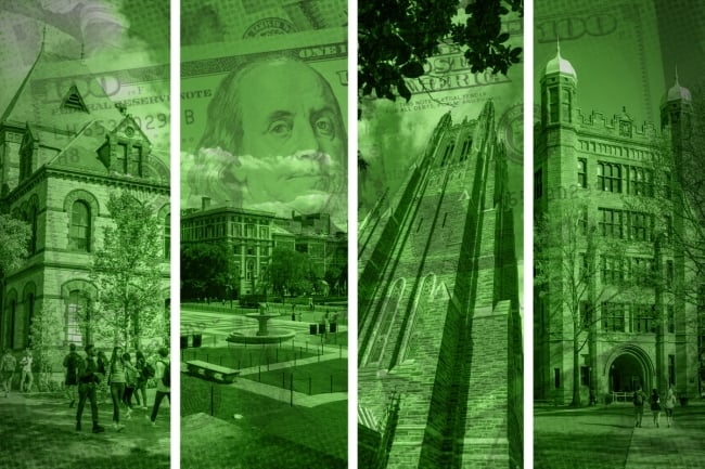 A photo illustration of college campuses against a backdrop of U.S. currency.