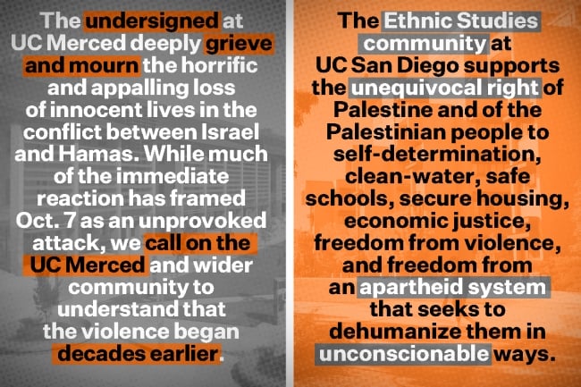 The text of two departmental statements on the Israel-Hamas war, one from UC Merced and one from UC San Diego.