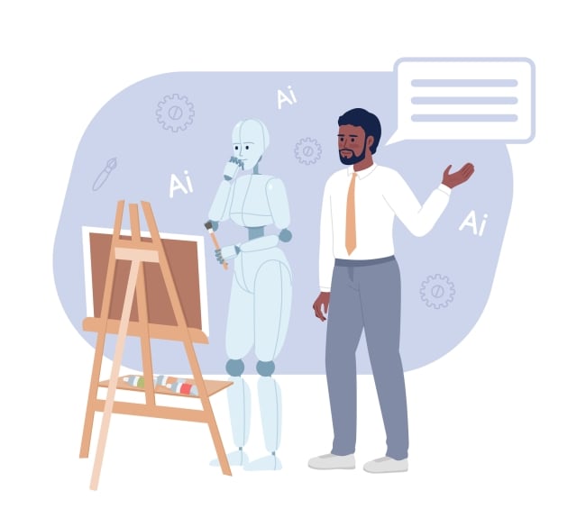 A robot and man in dress clothes stand next to each other looking at an easel. There are icons floating in the background, including "AI"