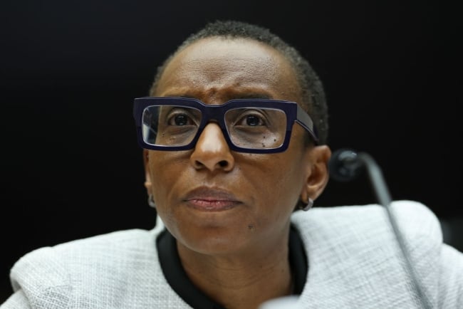 Claudine Gay, a Black woman with short, dark hair wearing thick-framed black glasses, testified before Congress Dec. 5, 2023.