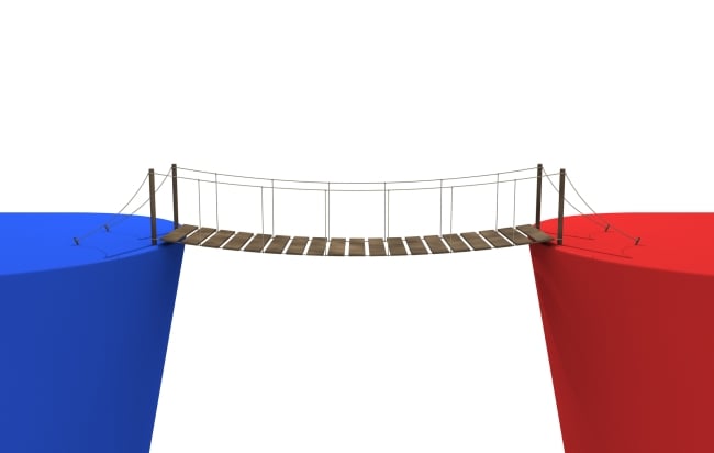 A rope bridge against a white background linking blue and red platforms, illustrating the concept of bipartisanship.