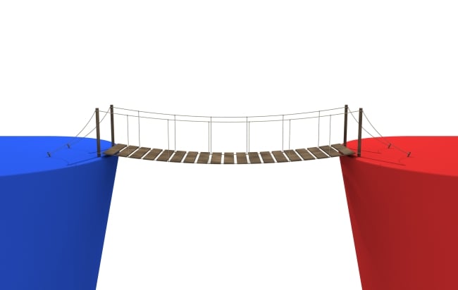 A rope bridge against a white background linking blue and red platforms, illustrating the concept of bipartisanship.