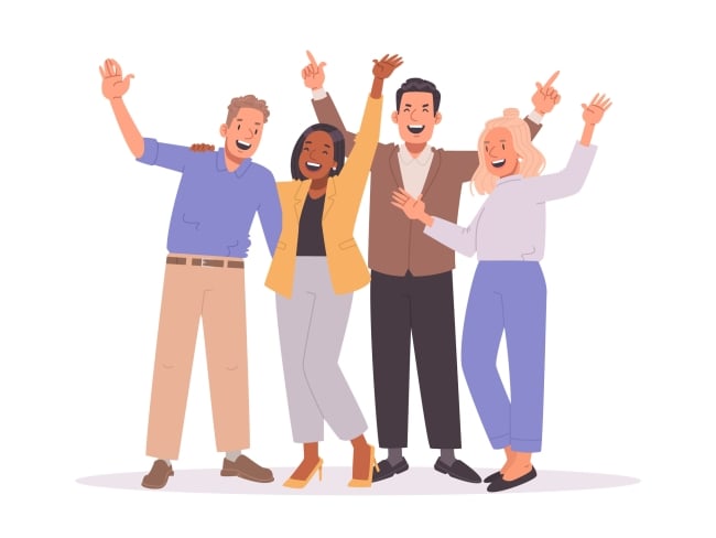 Four people of various races stand together raising their hands and looking happy