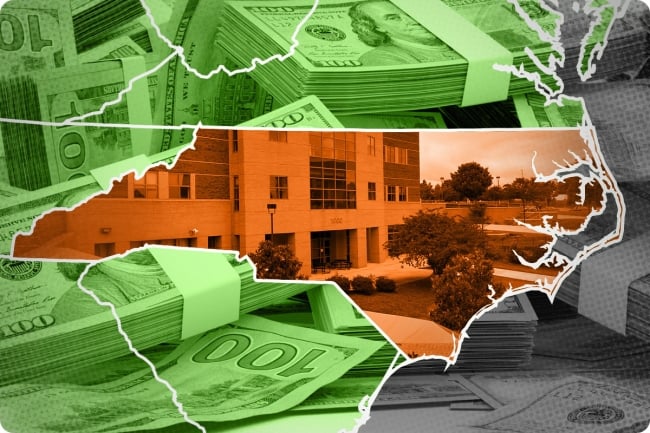 A campus photo in an outline of North Carolina with images of stacks of dollar bills in the background.