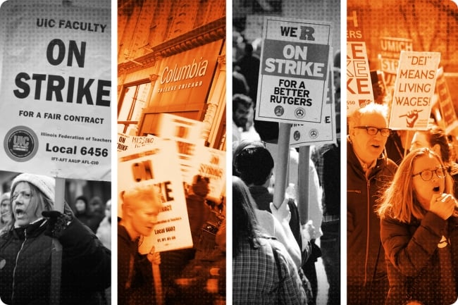 A photo illustration including four photographs, each of striking employees holding up signs saying things such as "We R On Strike For a Better Rutgers” and “UIC Faculty On Strike for a Fair Contract.” 