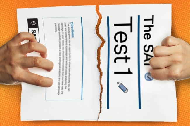 Two hands rip apart a copy of the SAT against an orange background