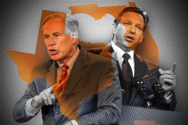 A photo illustration of the governors of Florida and Texas speaking and pointing, superimposed over outlines of their states.