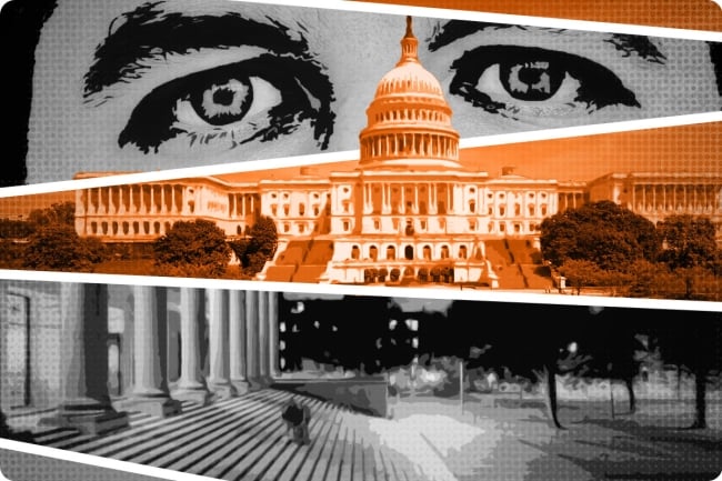 A photo illustration showing eyes, the U.S. Capitol and a college campus
