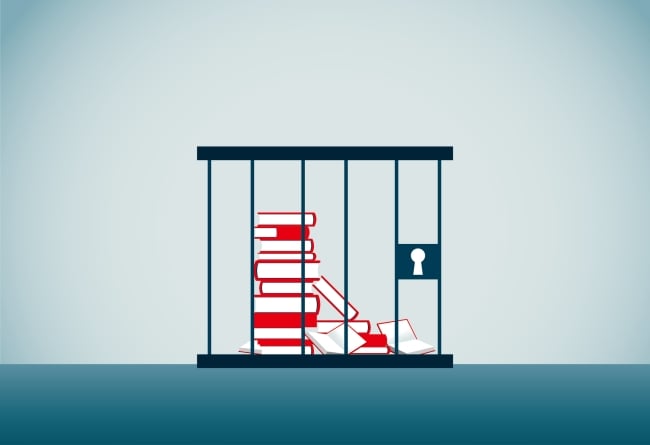 An illustration of a stack of books in a prison cell