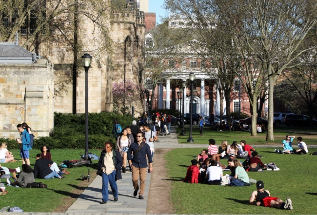 A crowd of people lounge on a campus green in front of a columned building facade