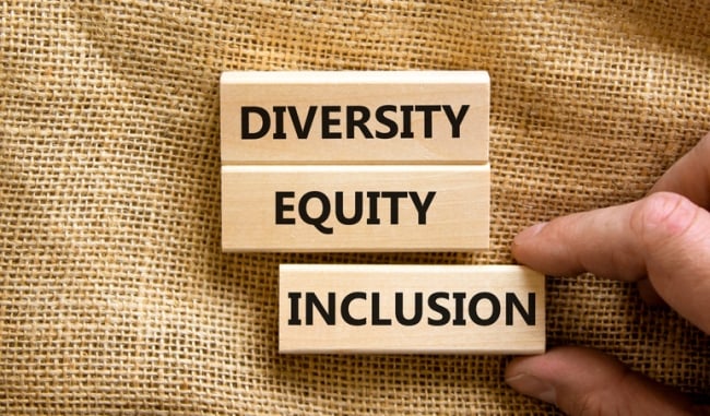 Three wooden blocks that read "Diversity, Equity, Inclusion."