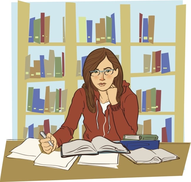Illustration of a woman at a desk surrounded by papers and open books, with books on a shelf behind her