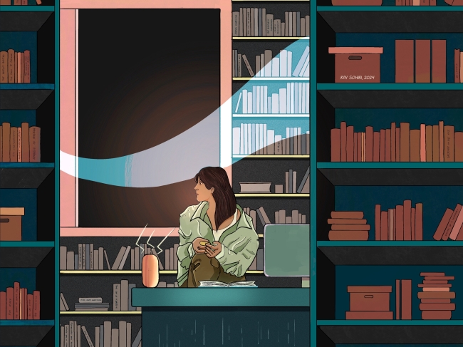 Woman sits at desk surrounded by books and looks searchingly out window from which a ghostly image floats