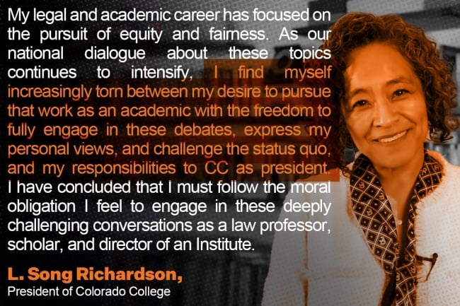 A photo of L. Song Richardson with text from her resignation letter overlaid.